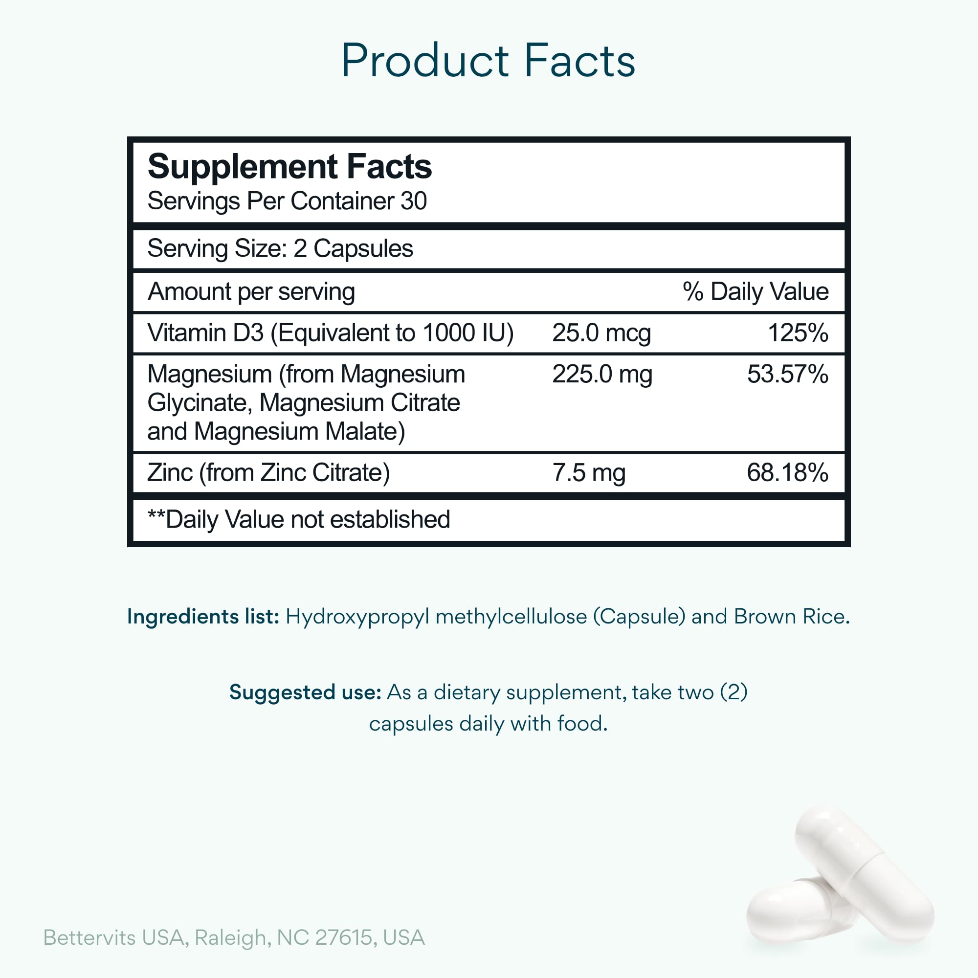 Bettervits Magnesium Glycinate Complex with Citrate Malate Zinc & Vitamin D3 | High Absorption Pure Magnesium 225mg Supplement Chelated Formula for Muscle Relaxation, Sleep Support – 60 Capsules Bettervits buy supplements Au