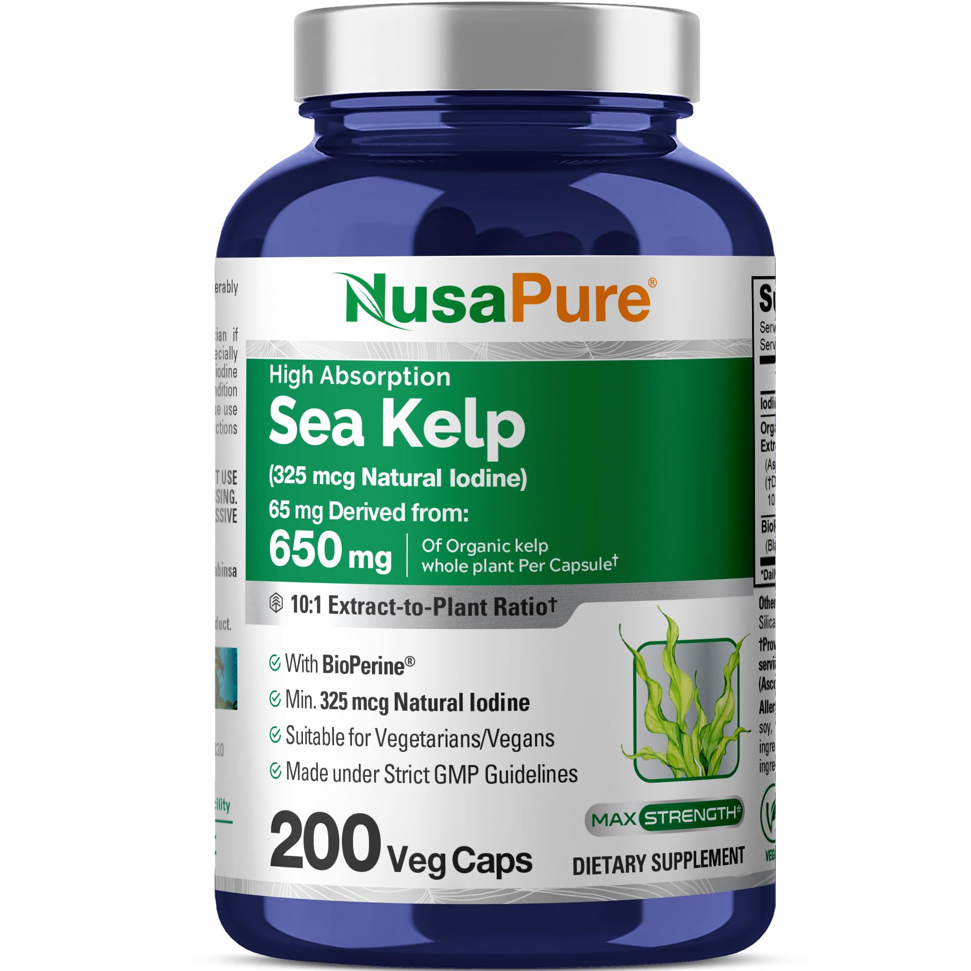 NusaPure Sea Kelp Natural Iodine 325mcg 10:1 Extract, 65 mg Equivalent to 650 mg Capsule 200 Count (Non-GMO, Vegan) NusaPureBuy Supplements Australia