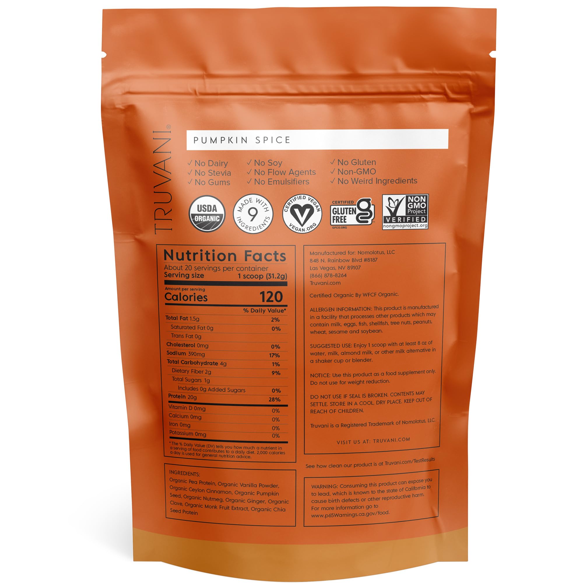 Truvani Organic Vegan Protein Powder Pumpkin Spice - 20g of Plant Based Protein TruvaniBuy Supplements Australia
