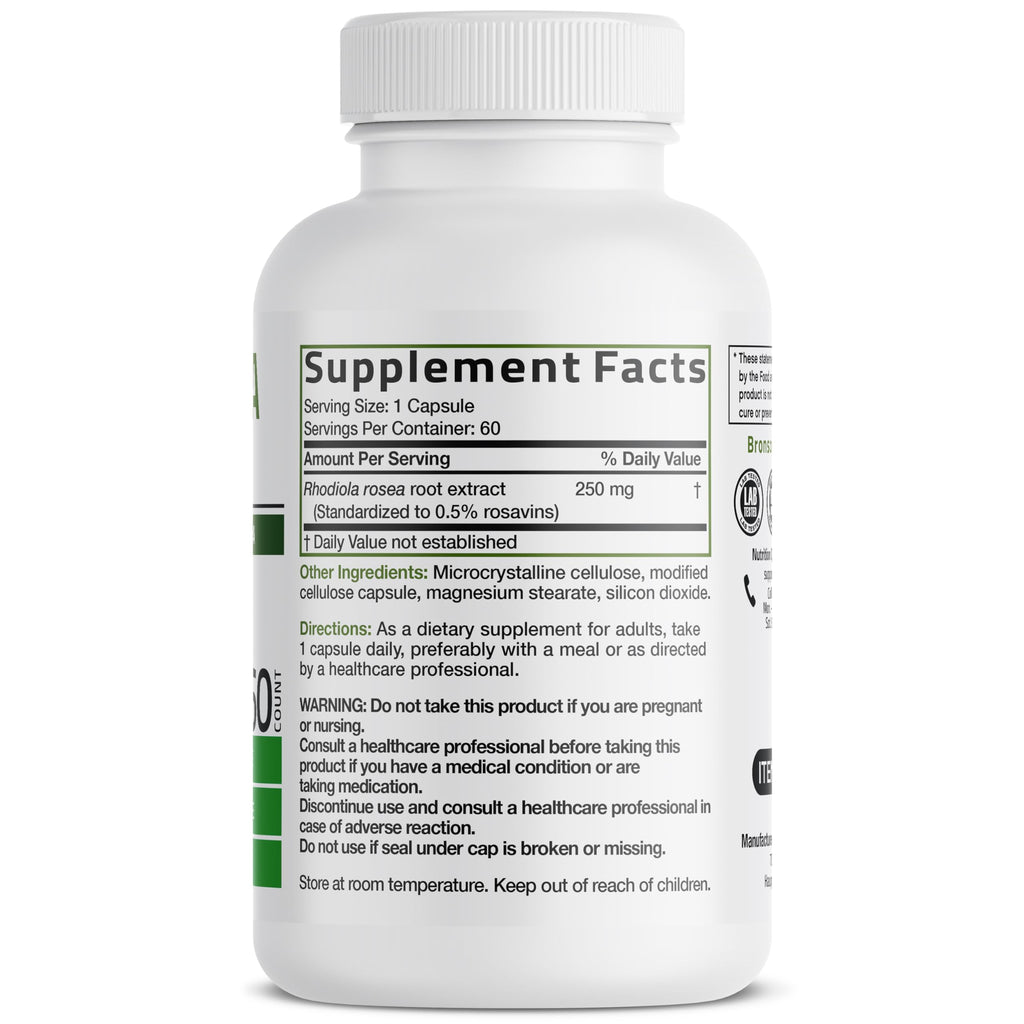 Bronson Rhodiola Rosea Vegetarian Capsules - Adaptogenic Herb - Brain, Stress & Mood Support - Non-GMO, 60 Count