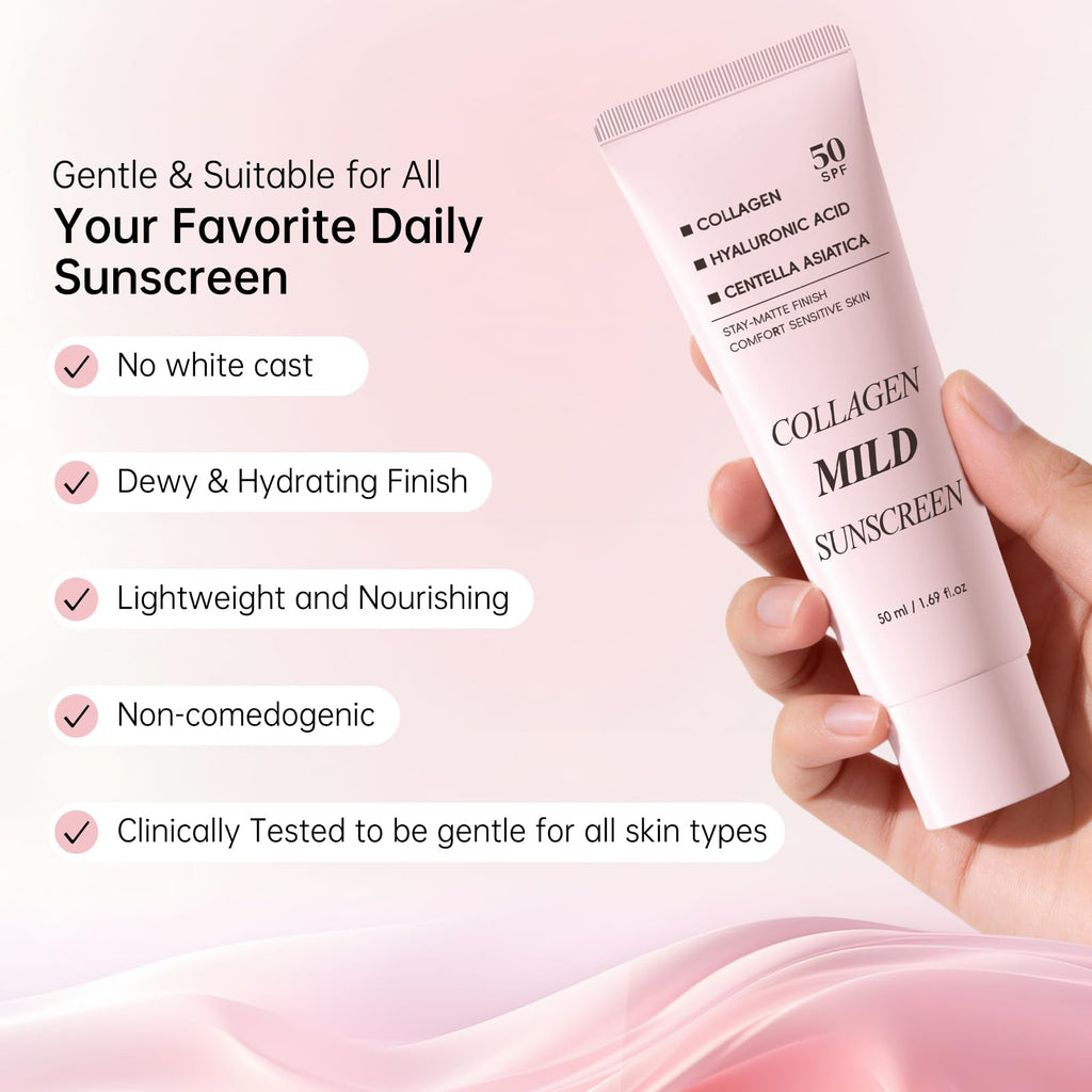Collagen Mild Sunscreen SPF 50 for Face, Broad Spectrum Protection, Hydrating Facial Sunscreen with Peptides & Cica, Lightweight Non-Greasy, No White Cast, Natural Glow, Travel Size (2 PCS) DR.Seya buy supplements Au