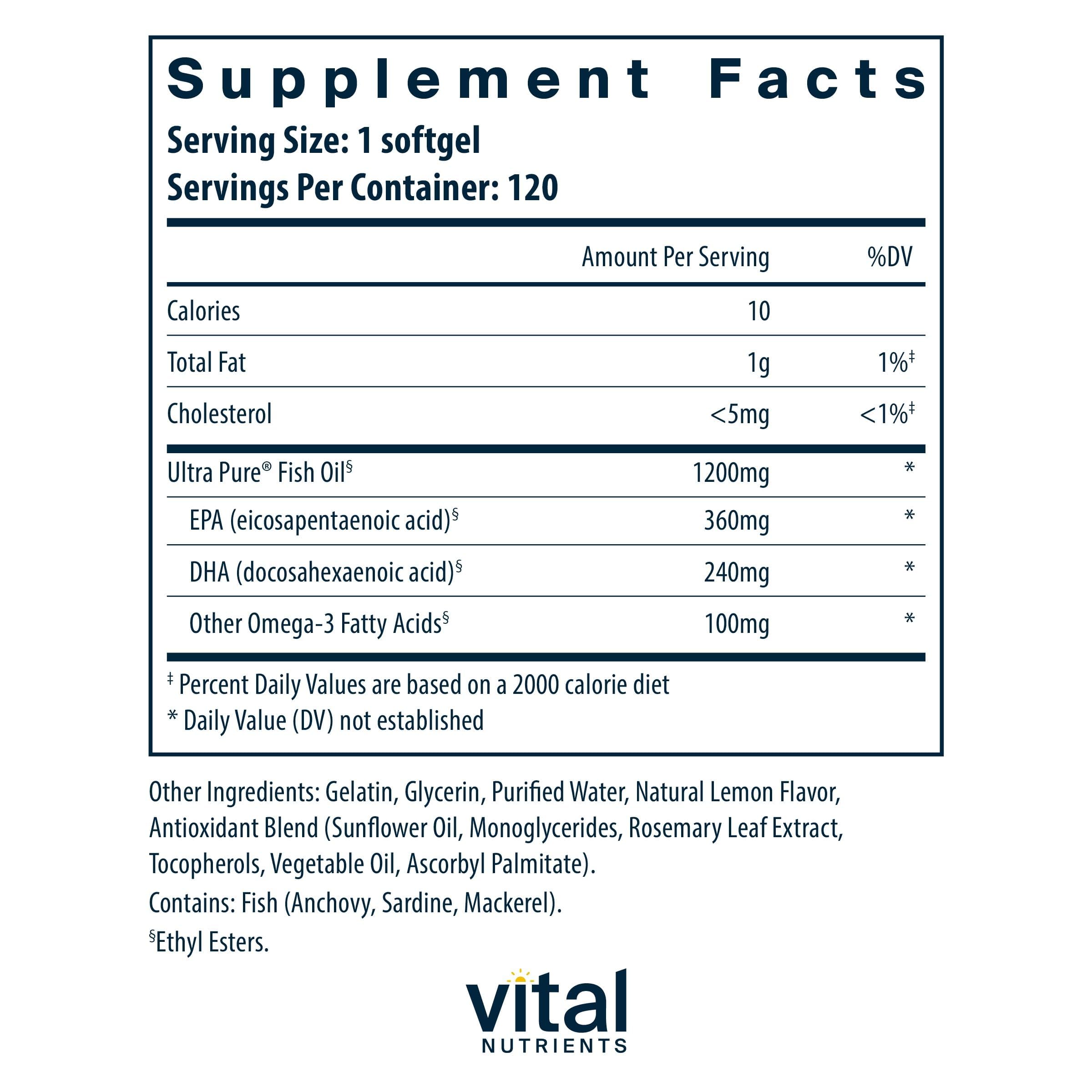 Vital Nutrients Ultra Pure Fish Oil 700 - Supports Heart, Brain, and Joint Health* - Sustainably Sourced High EPA & DHA Omega-3 Fatty Acid - Lemon Flavor - Gluten, Dairy & Soy Free - 120 Softgels Vital Nutrients buy supplements Au