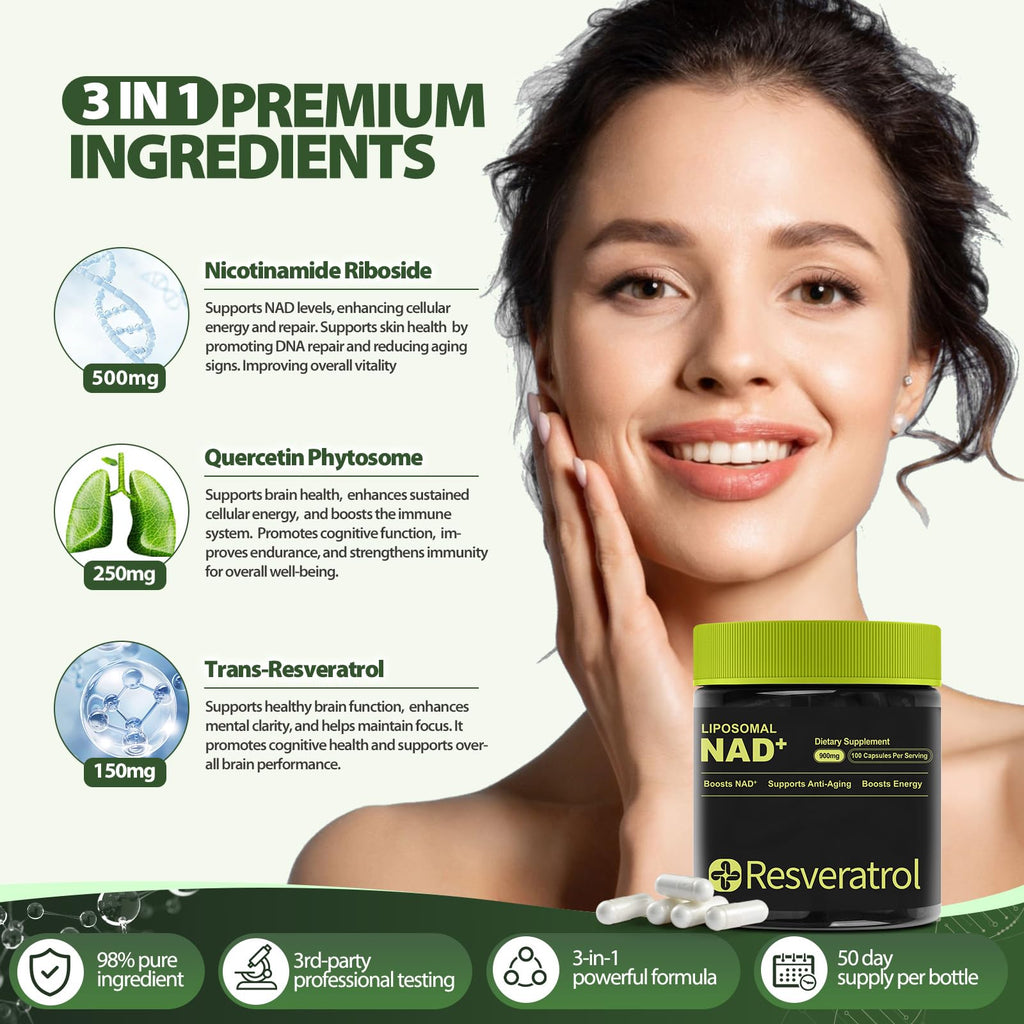 BOSNETHUINH NAD+ Supplement, NAD Nicotinamide Riboside Resveratrol, Liposomal NAD - NMNH Supplement Alternative for Anti-Aging, Mental Clarity & Cellular Energy 100 Capsules BOSNETHUINHBuy Supplements Australia