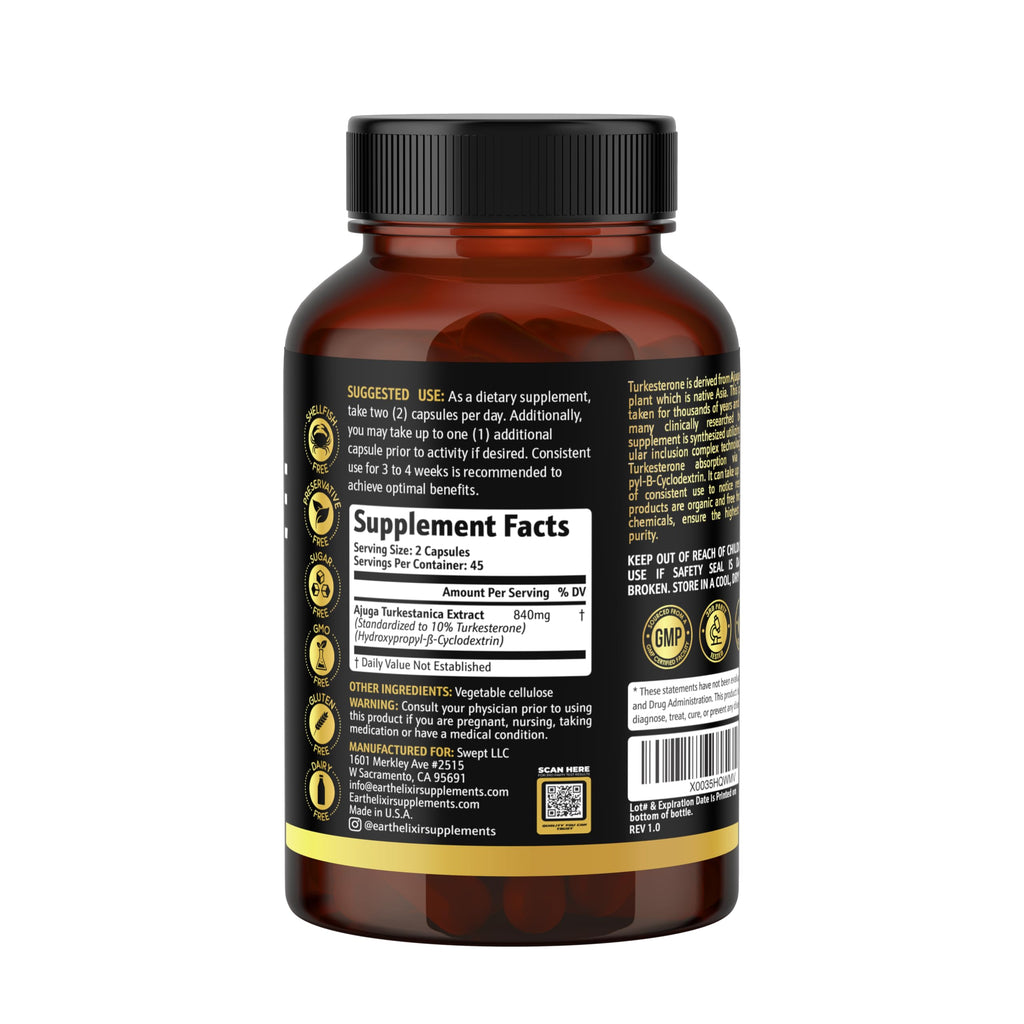 Turkesterone 840 mg – Natural Testosterone Support - 100% Pure Turkesterone Supplement for Men & Women - Ajuga Turkestanica Extract - Made in USA & 3rd Party Tested for Strength, Energy & Vitality Earth ElixirBuy Supplements Australia