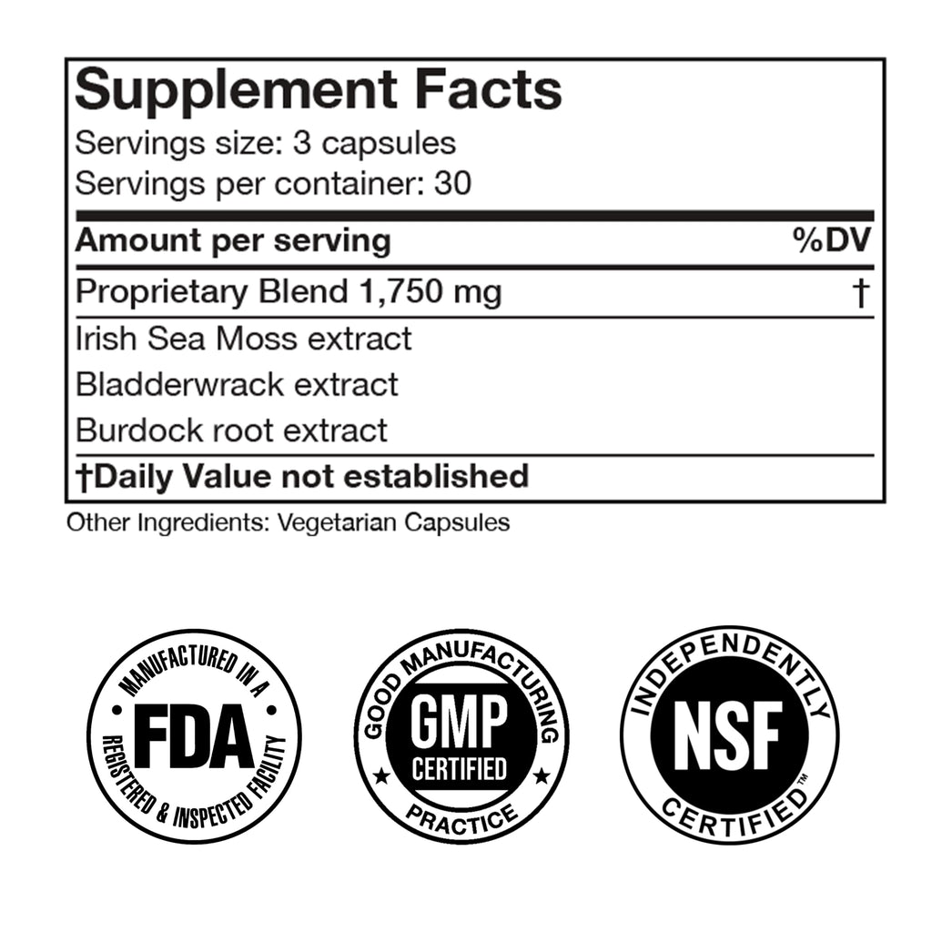 Irish Sea Moss Advanced Supplement Capsules 1500mg, Ultra Potent Seamoss Advanced with Bladderwrack & Burdock Root, Made in FDA-Registered, NSF-Certified Facility, Overall Health Support, 90 Capsules Doctor Morse'sBuy Supplements Australia