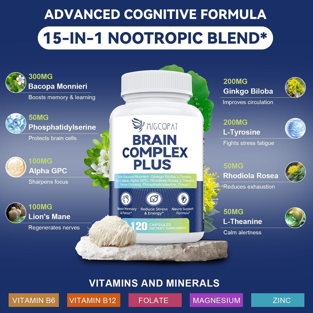 Brain Supplements for Memory and Focus | Nootropic with Bacopa Monnieri, Lion's Mane, Alpha GPC, Ginkgo Biloba | Mental Clarity & Cognitive Support | Vitamin B6 & B12 Neuro Health - Non-GMO, 120 Caps MigcopatBuy Supplements Australia