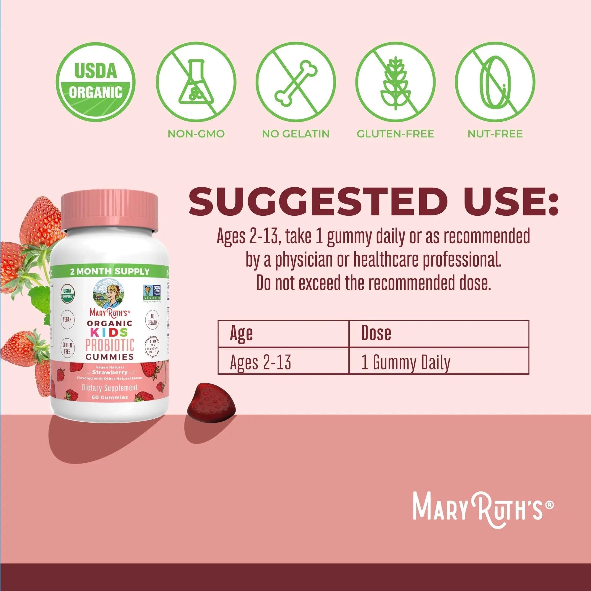 MaryRuth Organics Multivitamin and Probiotic Gummies (Strawberry) for Kids | Clean Label Project Verified® | Vitamins for Gut Health MARYRUTH'S