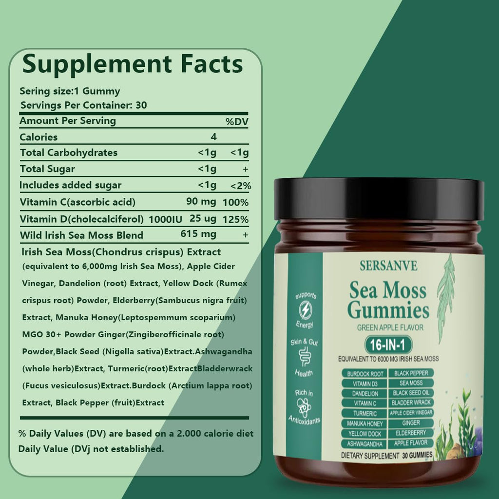 Sea Moss Gummies 16-in-1, with Black Seed Oil, Ashwagandha & Elderberry | Organic Irish Sea Moss Supplement for Men & Women | Daily Support with Manuka, Burdock Root & Vitamins C & D3, 30 Gummies SERSANVEBuy Supplements Australia