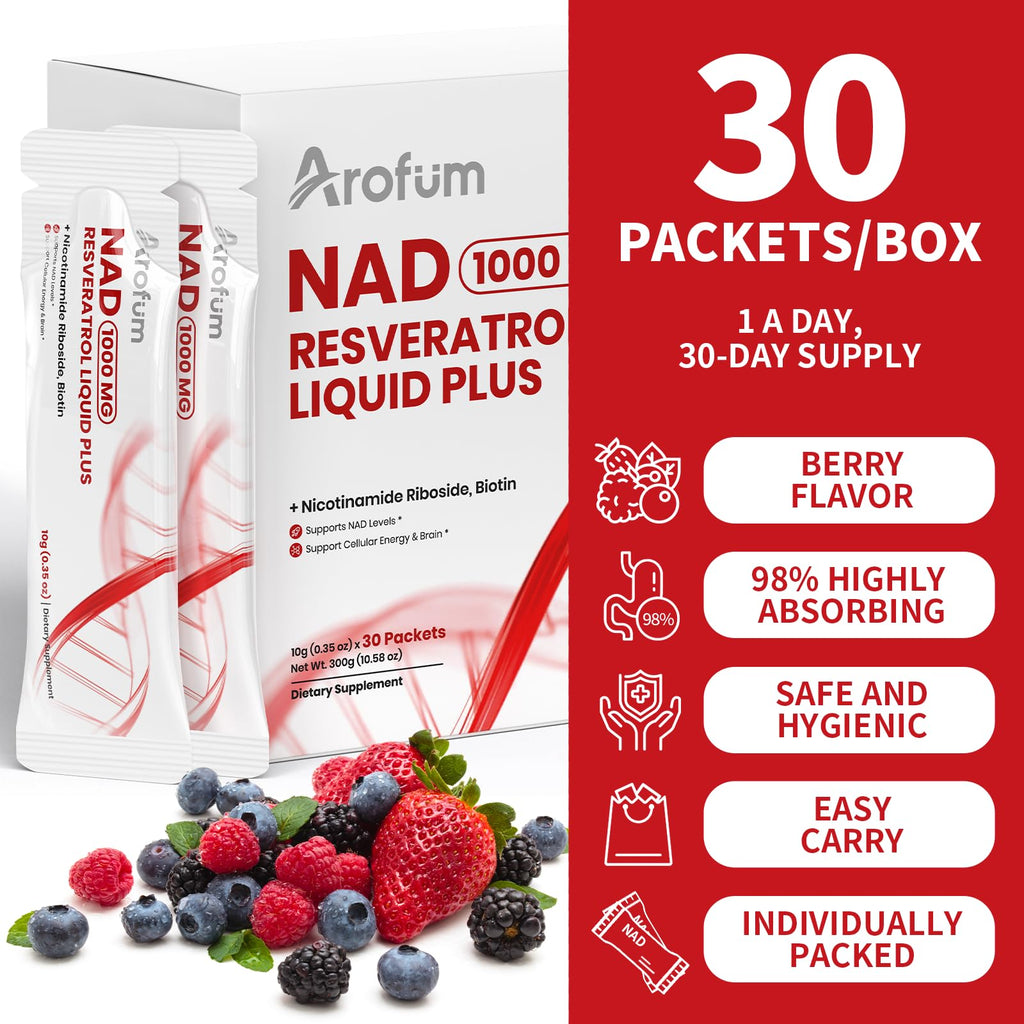 Arofum NAD+ Liquid Supplement 1000mg | 850mg Nicotinamide Riboside with Resveratrol, Quercetin, CoQ10 & Biotin | Cellular Energy, DNA Repair, Healthy Aging | NAD Supplements for Women & Men 30 Packets ArofumBuy Supplements Australia