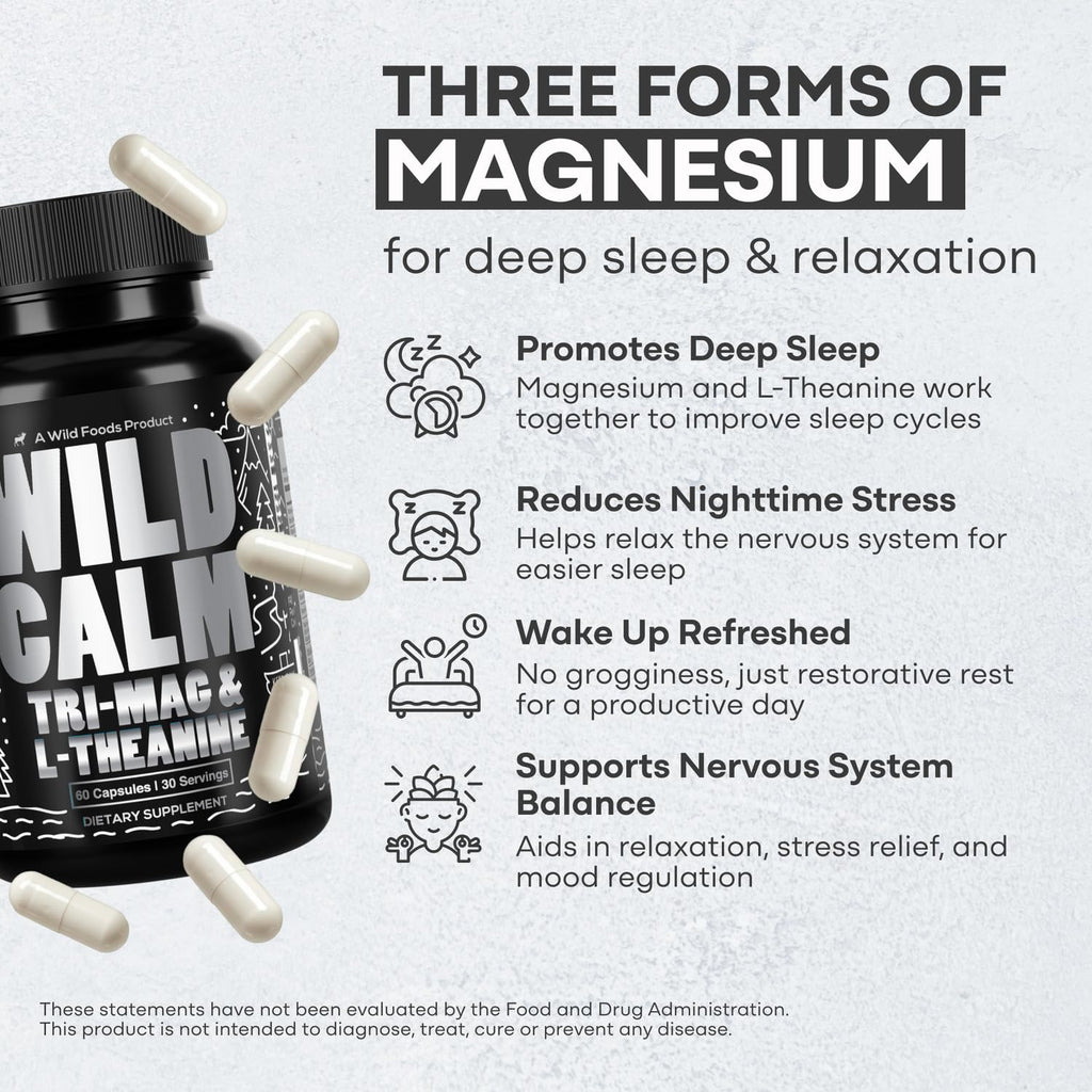 Wild Foods Tri-Mag & L-Theanine – Triple Magnesium Complex for Sleep w/L Theanine – Magnesium Glycinate, Malate, Taurate – 100% Natural – 60 Capsules Wild FoodsBuy Supplements Australia