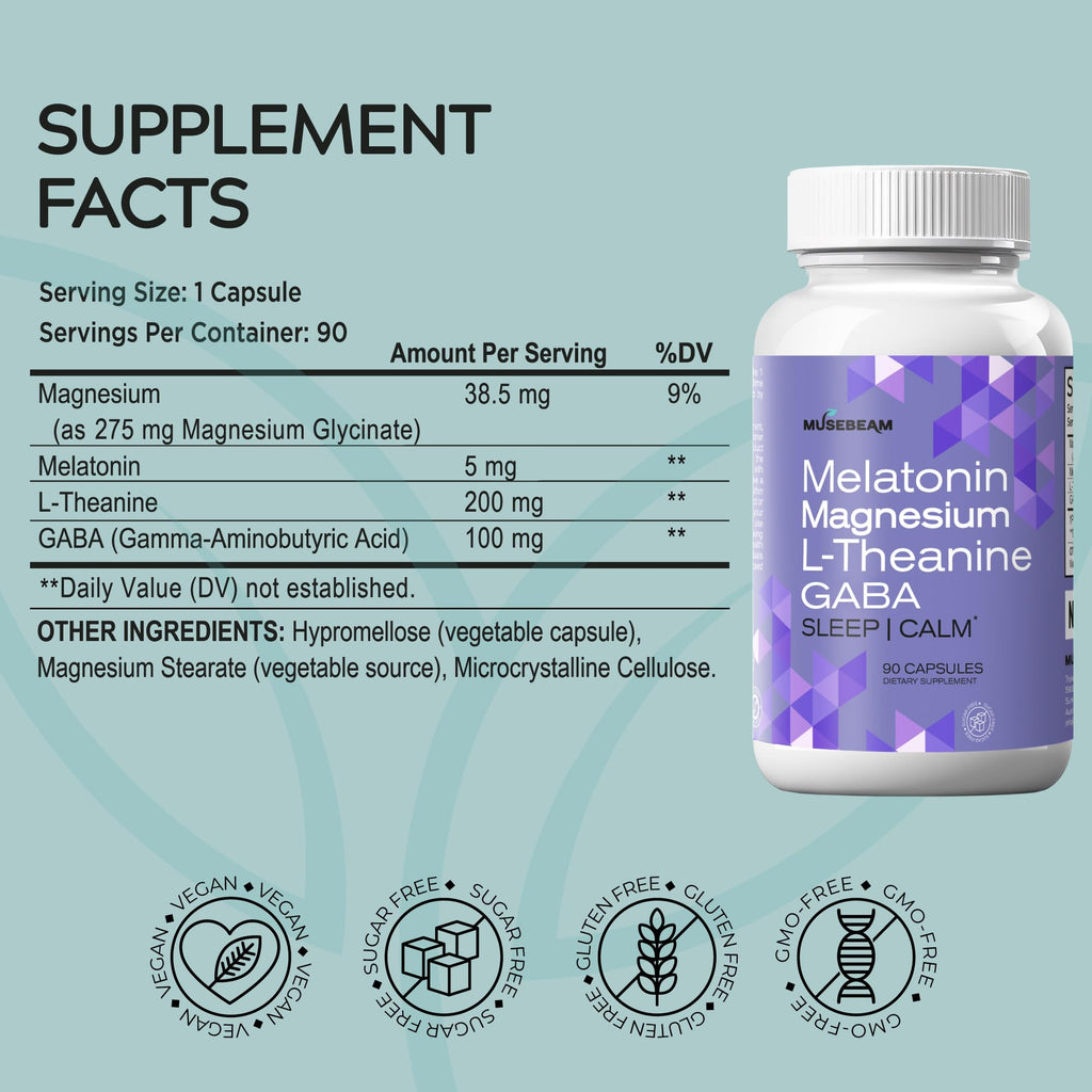 MuseBeam Magnesium Glycinate 275mg Melatonin 5mg L-Theanine 200mg GABA 100mg Capsules - Full Rest Nighttime Bedtime Support Supplement for Men Women - Vegan Sugar-Free Gluten-Free musebeamBuy Supplements Australia