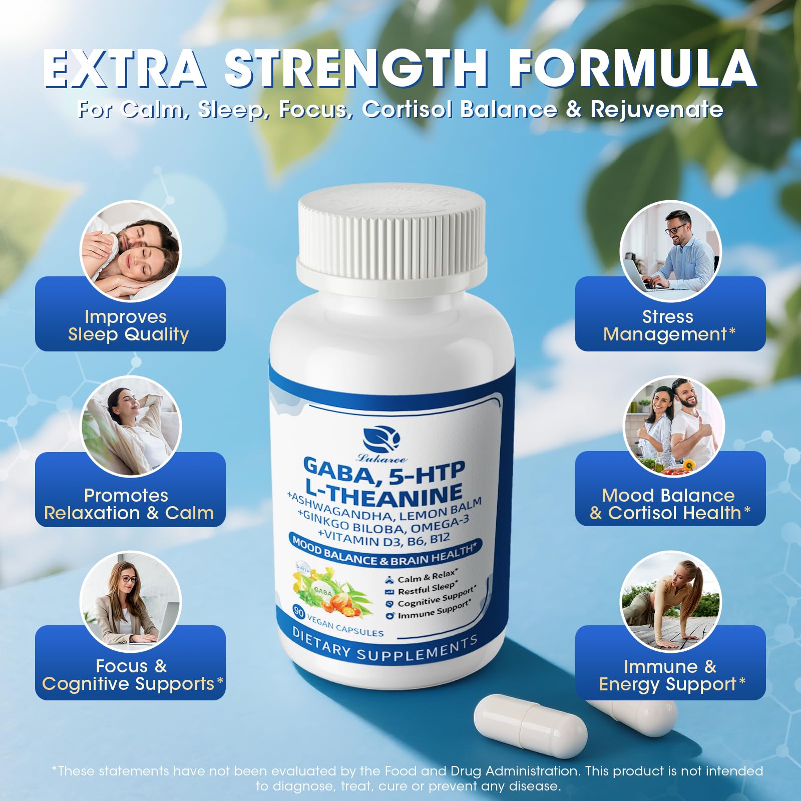 GABA Supplements 750mg with L Theanine, 5HTP, Ashwagandha, Lemon Balm, Ginkgo Biloba, Omega-3, 10 in 1 GABA Calm Capsules for Sleep, Relaxation, Focus, Mood Support, Cortisol Balance - 90CT LukareeBuy Supplements Australia