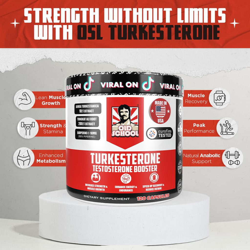Old School Labs  Supplement for Men – Max Potency Tongkat Ali with BioPerine® for Max Absorption, Supports Muscle, Strength, Recovery, Drive & Stamina – Turkesterone, 120 Capsules