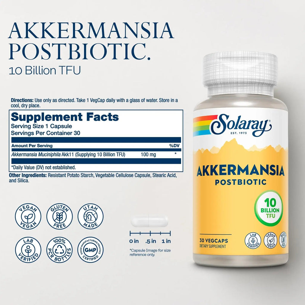SOLARAY Akkermansia Postbiotic, Akk11, 10 Billion TFU, Beneficial Strain for Gut Health Support, Vegan, Gluten-Free, 60-Day Guarantee, 30 Servings, 30 VegCaps SOLARAYBuy Supplements Australia