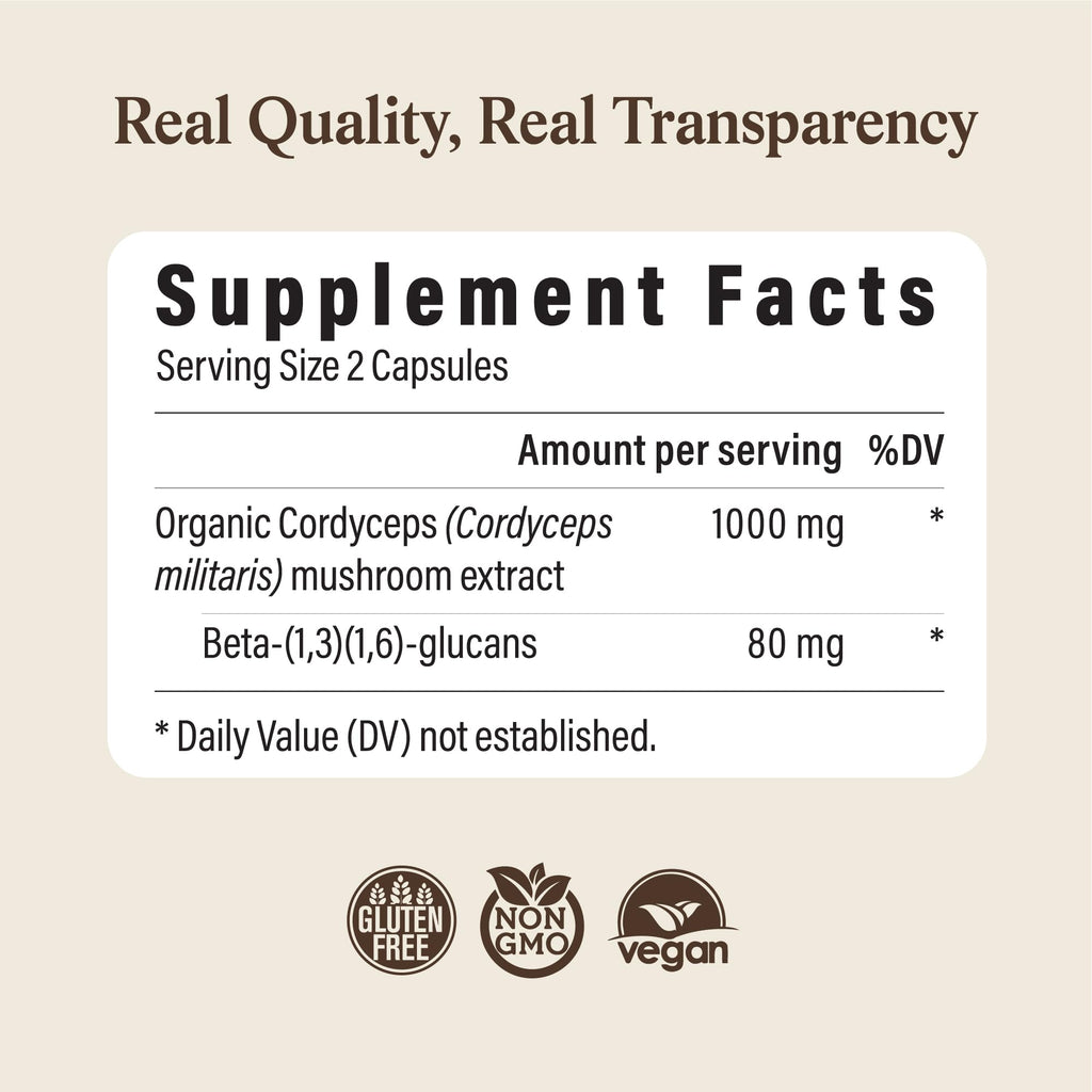 Real Mushrooms Supplement Capsules - Cordyceps Mushroom Powder Rich in Beta Glucans - Mushroom Pills Cordyceps for Energy and Performance - Vegan, Non-GMO, No Grain Fillers, 120 ct Real MushroomsBuy Supplements Australia