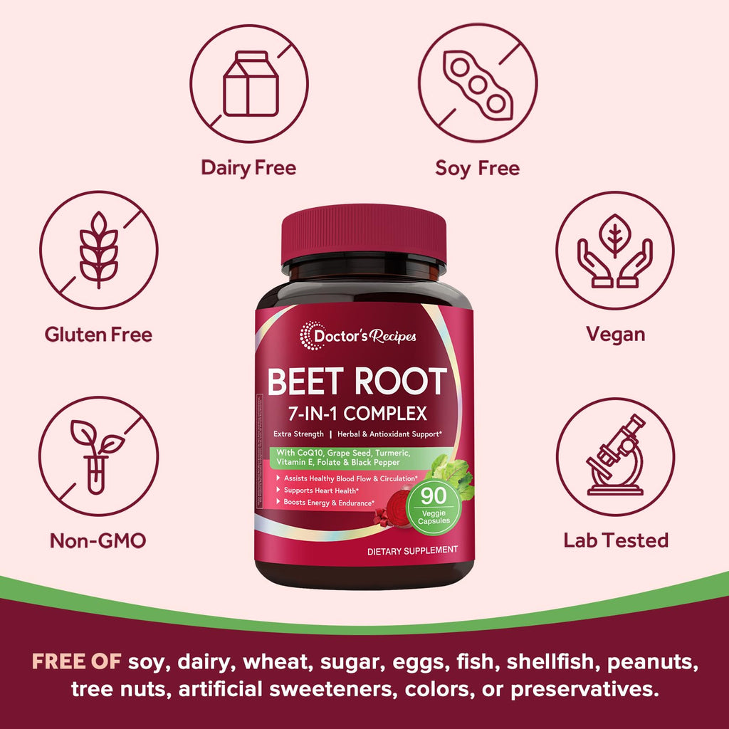 Doctor's Recipes Beet Root Capsules, 20:1 Extract with Grape Seed, CoQ10, Turmeric, Black Pepper for Enhanced Absorption, Supports Heart, Circulation, Energy & Nitric Oxide, Non-GMO, 90 Veg Caps Doctor's RecipesBuy Supplements Australia