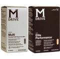 Two M Drive supplement boxes, one labeled 'Multi' and the other 'Elite Performance', on a white background.