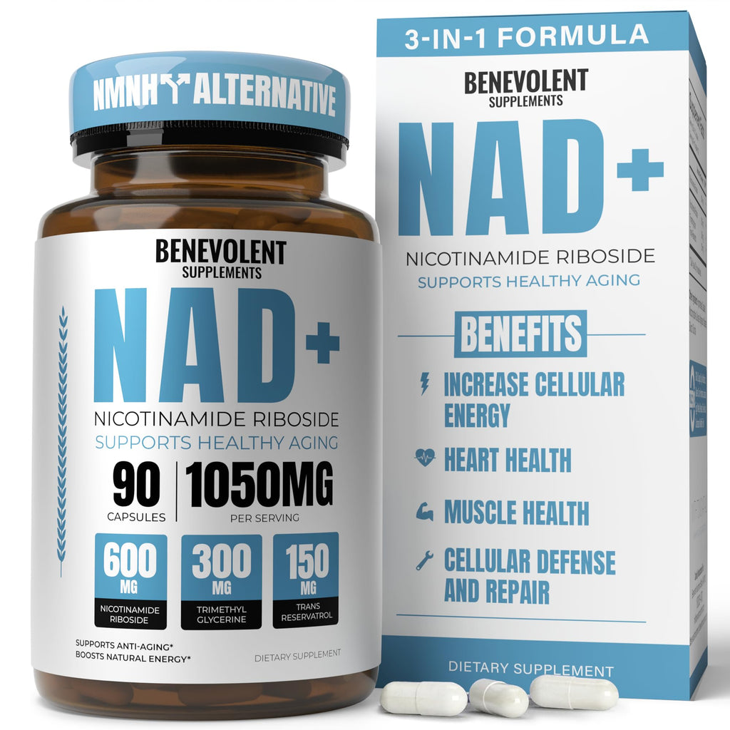Benevolent NAD+ Supplement 1050mg, Max Absorption 3in1 NAD Supplements for Women & Men with Nicotinamide Riboside, Trans-Resveratrol & TMG, NAD Plus for Cellular Energy, Brain Support & Aging, 90 Caps Benevolent NourishmentBuy Supplements Australia