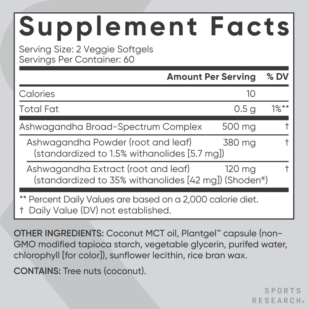 Sports Research® Ashwagandha Softgels with Coconut MCT Oil - Natural Ayurvedic Adaptogen Made with Shoden® Ashwa for Relaxation, Calm & Sleep Support - Gluten Free & Vegan Friendly - 120 Count Sports Research buy supplements Au