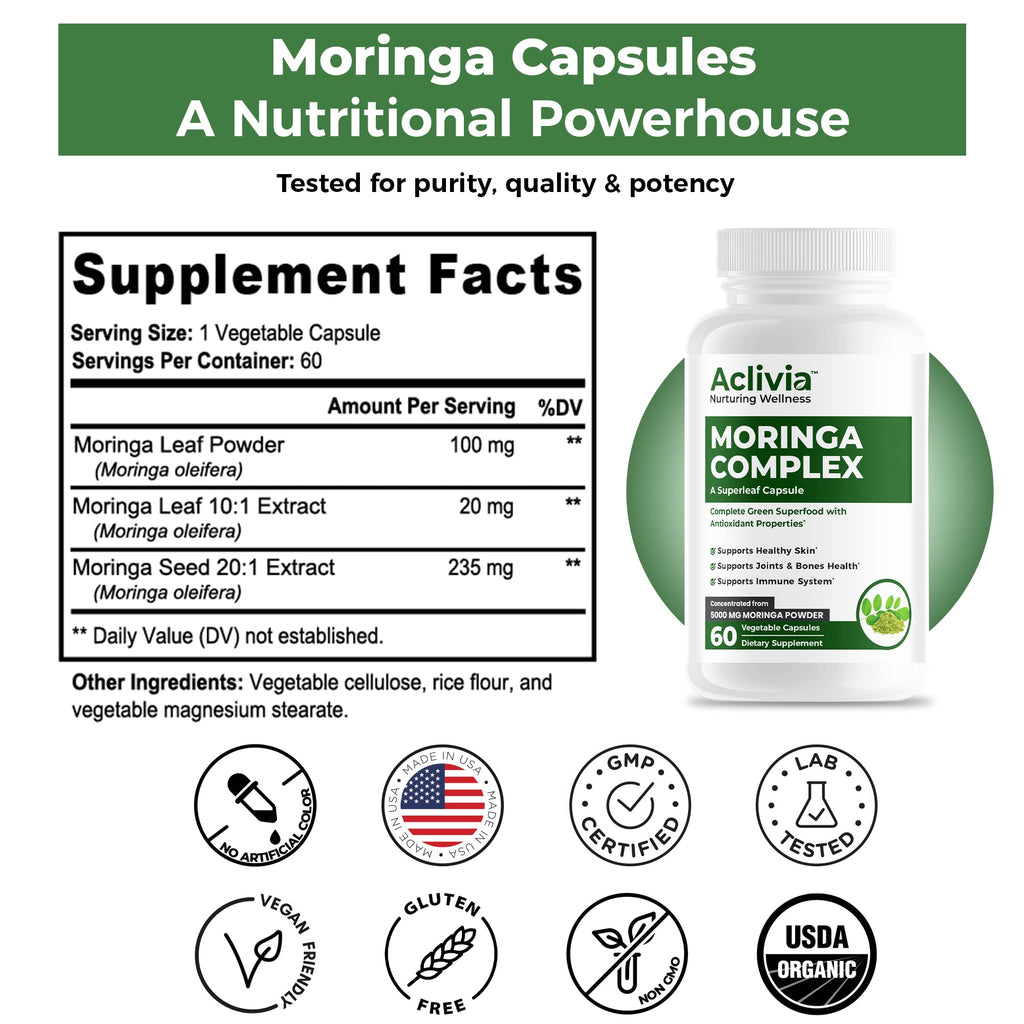 Aclivia - Moringa Complex - Maximum Strength Moringa Oleifera Leaf & Seed Supplement - Superfood Capsules with Antioxidant Properties - 5000mg - 60 Capsules AcliviaBuy Supplements Australia