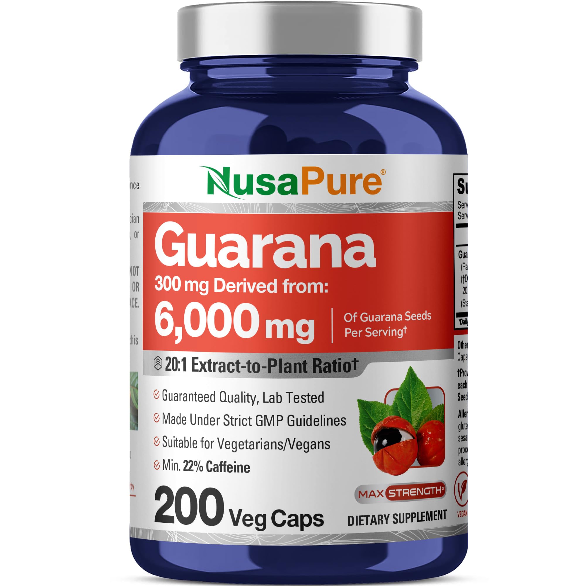 NusaPure Guarana Extract 20:1 Extract, 300 mg Equivalent to 6,000 mg per Veggie Caps 200 Count (Non-GMO, Vegan) NusaPureBuy Supplements Australia