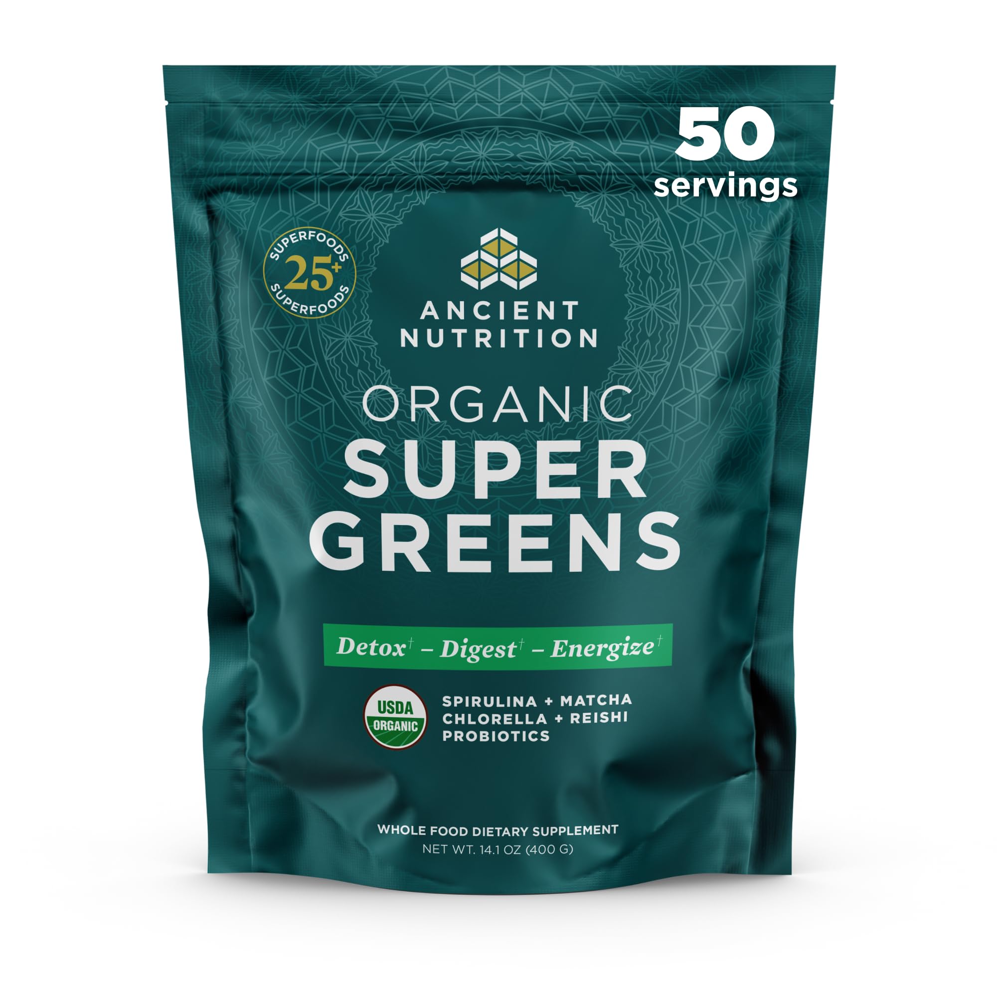 Ancient Nutrition Super Greens Powder, Organic Superfood Powder with Probiotics Made with Spirulina, Chlorella, Matcha, and Digestive Enzymes, 50 Servings, 14.1 oz Ancient NutritionBuy Supplements Australia