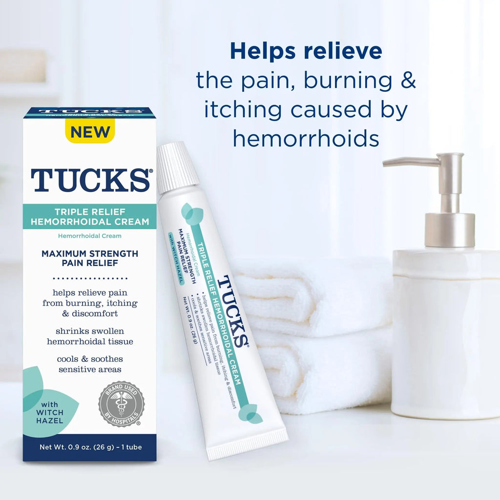 Tucks Triple Relief Hemorrhoidal Cream, Maximum Strength Pain Relief from Burning, Itching and Discomfort, with Witch Hazel, Treatment, Brand Used by Hospitals, 0.9oz. (26g) TUCKSBuy Supplements Australia