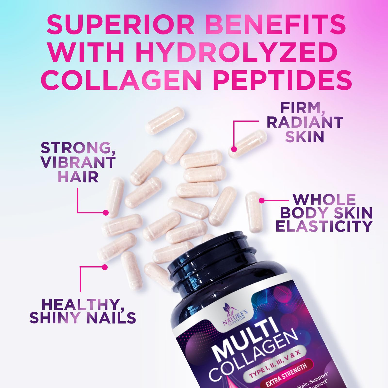 Multi Collagen Pills - Multi Collagen Complex 2400 mg Per Serving - Types I, II, III, V, X - Hydrolyzed Collagen Peptides Supplement - Hair, Skin & Nail Support - Bottled in the USA - 120 Capsules Nature's Nutrition buy supplements Au