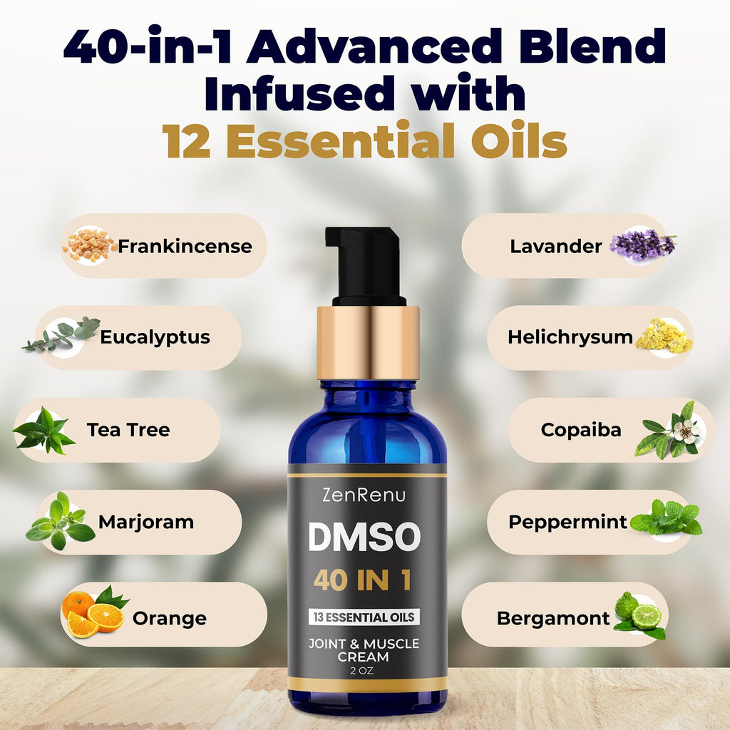 Zenrenu DMSO Cream 99.995% Pure Pharmaceutical Grade - 40-in-1 Advanced Formula -12 Essential Oils, Arnica, Aloe Vera, MSM - Fast-Absorbing Cream – 2 oz Glass Pump Bottle – Made in USA ZenrenuBuy Supplements Australia