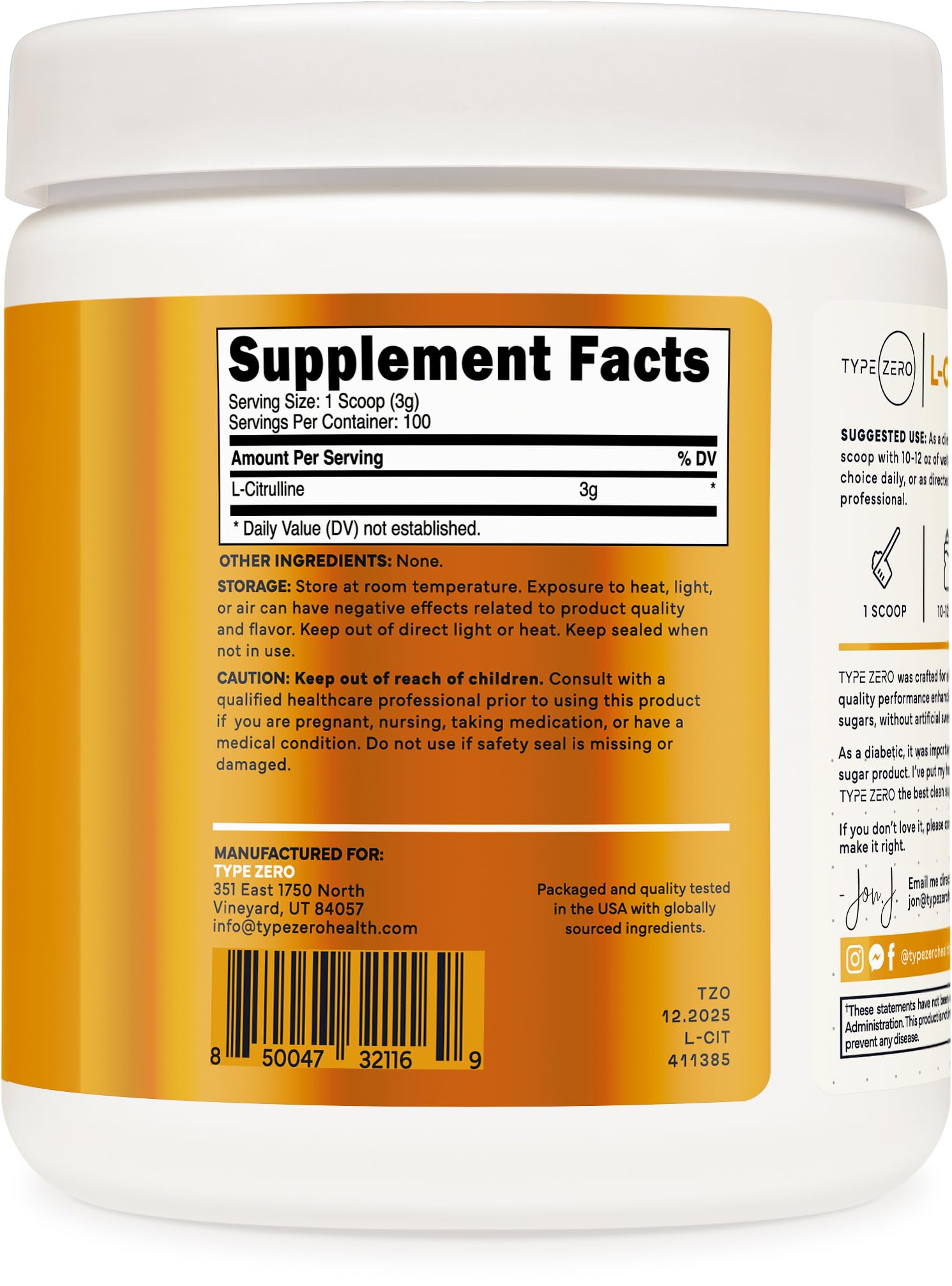 Type Zero L-Citrulline Base Powder, 3,000mg Per Serving - 100 Servings Type ZeroBuy Supplements Australia