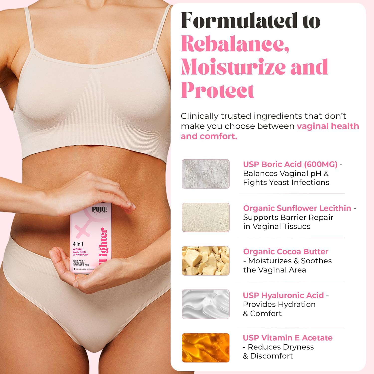 PURE WOMAN - pH-ighter Vaginal Boric Acid Suppositories for Women - Hyaluronic Acid - 4 in 1 Vaginal Suppositories for Discomfort, Dryness, Odor & pH Balance- Full Vaginal Health Care - 7pk PURE WOMANBuy Supplements Australia