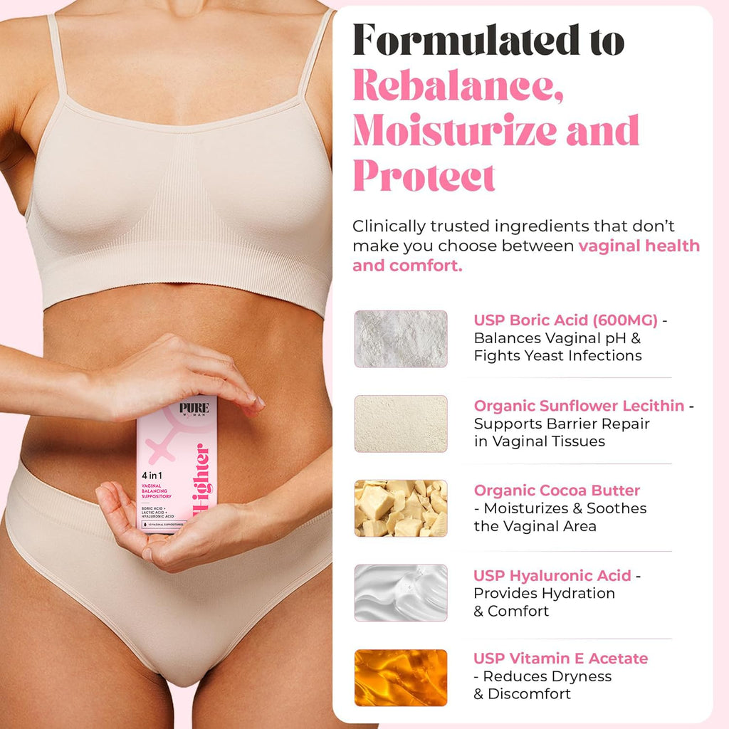 PURE WOMAN - pH-ighter Vaginal Boric Acid Suppositories for Women - Hyaluronic Acid - 4 in 1 Vaginal Suppositories for Discomfort, Dryness, Odor & pH Balance- Full Vaginal Health Care - 10ct PURE WOMANBuy Supplements Australia