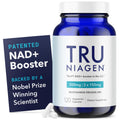 TRU NIAGEN supplement bottle with blue label and white capsules on a white background
