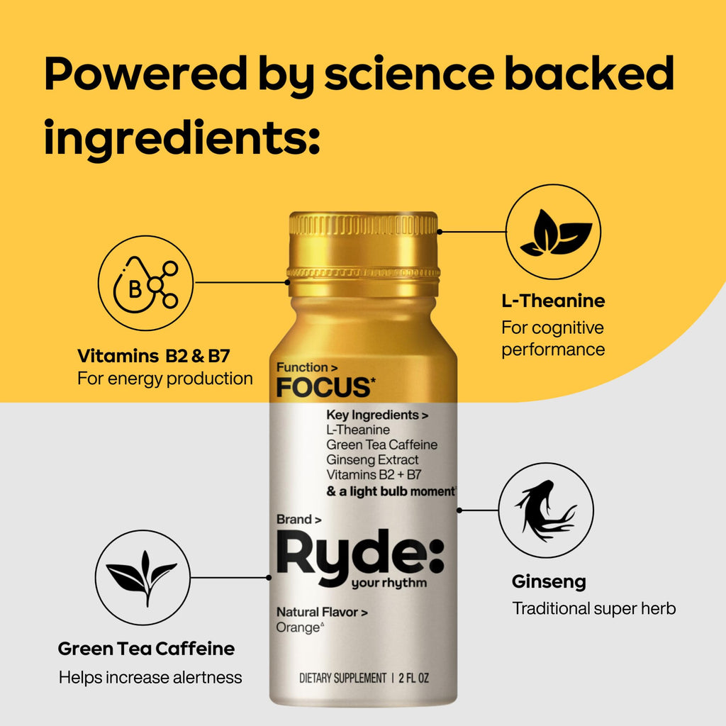 Ryde: Focus Shot | Orange Flavor | L-Theanine & Ginseng | Green Tea Caffeine | Vitamins B2 & B7 | 0 Calories, 0 Sugar | 2 FL OZ Shots | Supports Focus* (8 Pack) RYDEBuy Supplements Australia