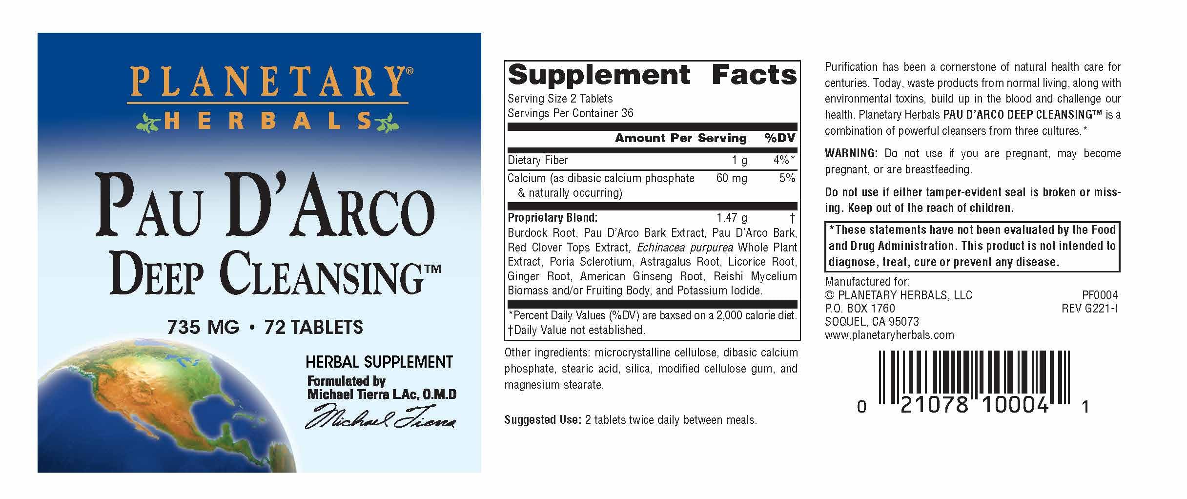 Planetary Herbals PAU D'Arco Deep Cleansing, Herbal Supplement, 735 mg - 72 Tablets Planetary HerbalsBuy Supplements Australia