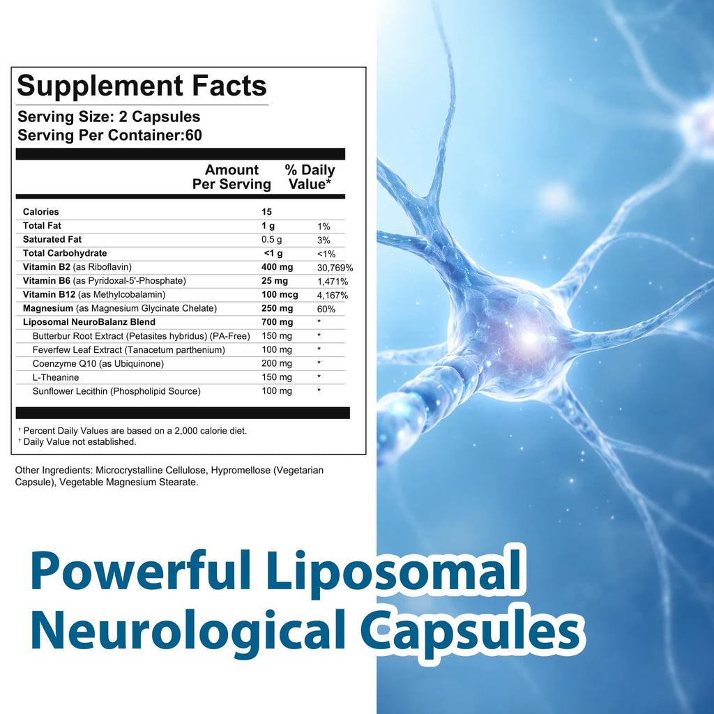 DQQI Migraine Relief Supplement | 120 Capsules Liposomal Neurological Health Formula with Magnesium Glycinate, Riboflavin (Vitamin B2) & Feverfew | Daily Brain Function DQQIBuy Supplements Australia