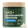 Supplement jar labeled 'NAD+ Nicotinamide Riboside + Resveratrol' with capsules on a white background