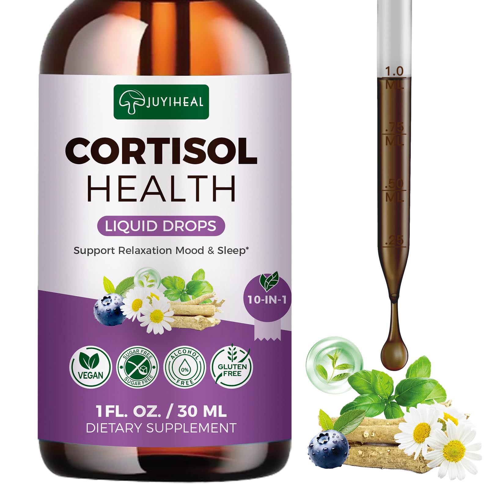 JUYIHEAL Cortisol Supplements, 10 in 1 Cortisol Detox Manager Reducer Hormone Balance Liquid Drops with Ashwagandha, Magnesium, L-theanine JUYIHEALBuy Supplements Australia