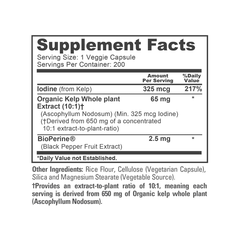 NusaPure Sea Kelp Natural Iodine 325mcg 10:1 Extract, 65 mg Equivalent to 650 mg Capsule 200 Count (Non-GMO, Vegan) NusaPureBuy Supplements Australia