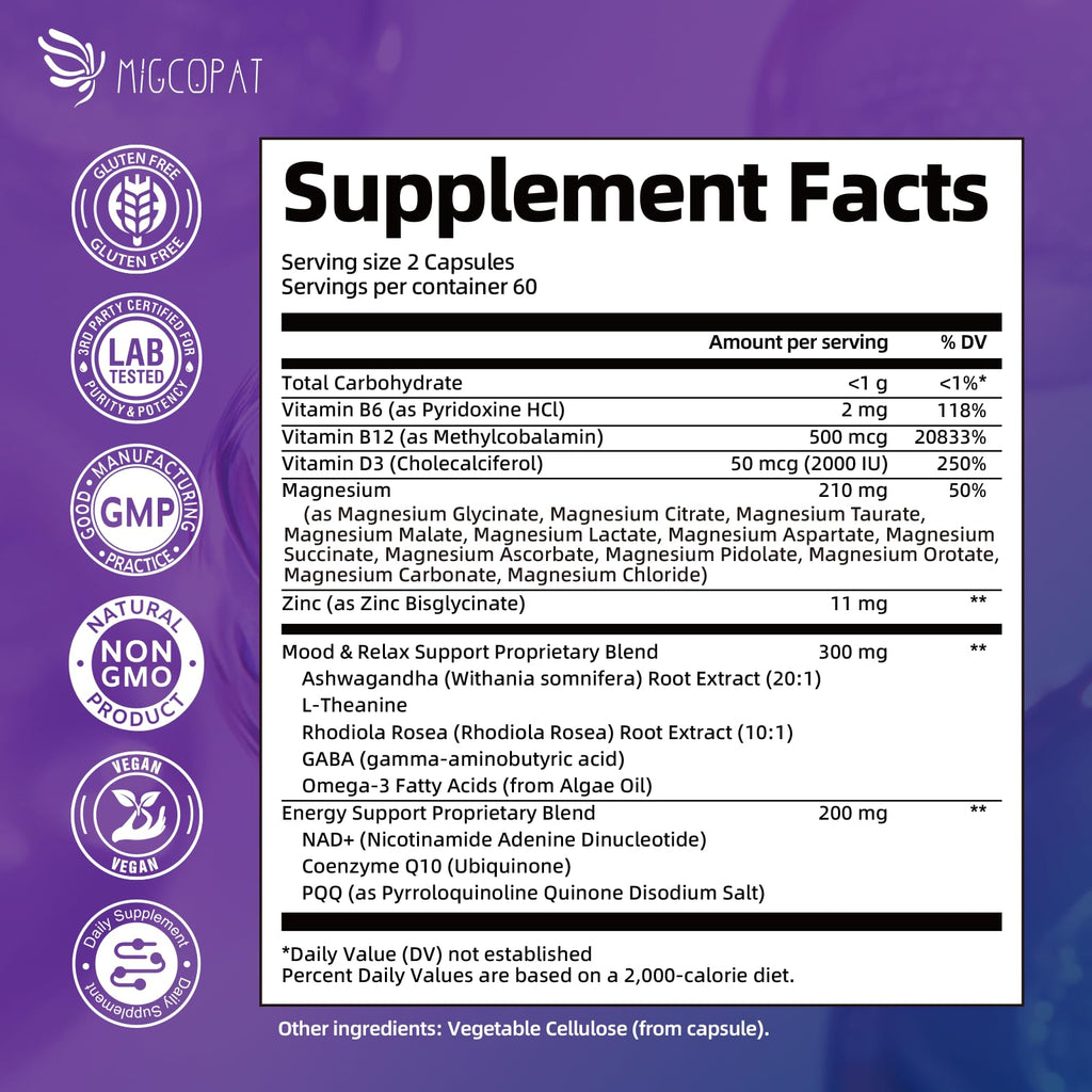 Migcopat Magnesium Complex w/Magnesium Glycinate, Malate, Citrate | 24-in-1 Magnesium Supplement w/Ashwagandha, L-Theanine & NAD+ | Supports Calm, Energy, Muscle & Sleep | Non-GMO, 120 Vegan Caps Migcopat buy supplements Au