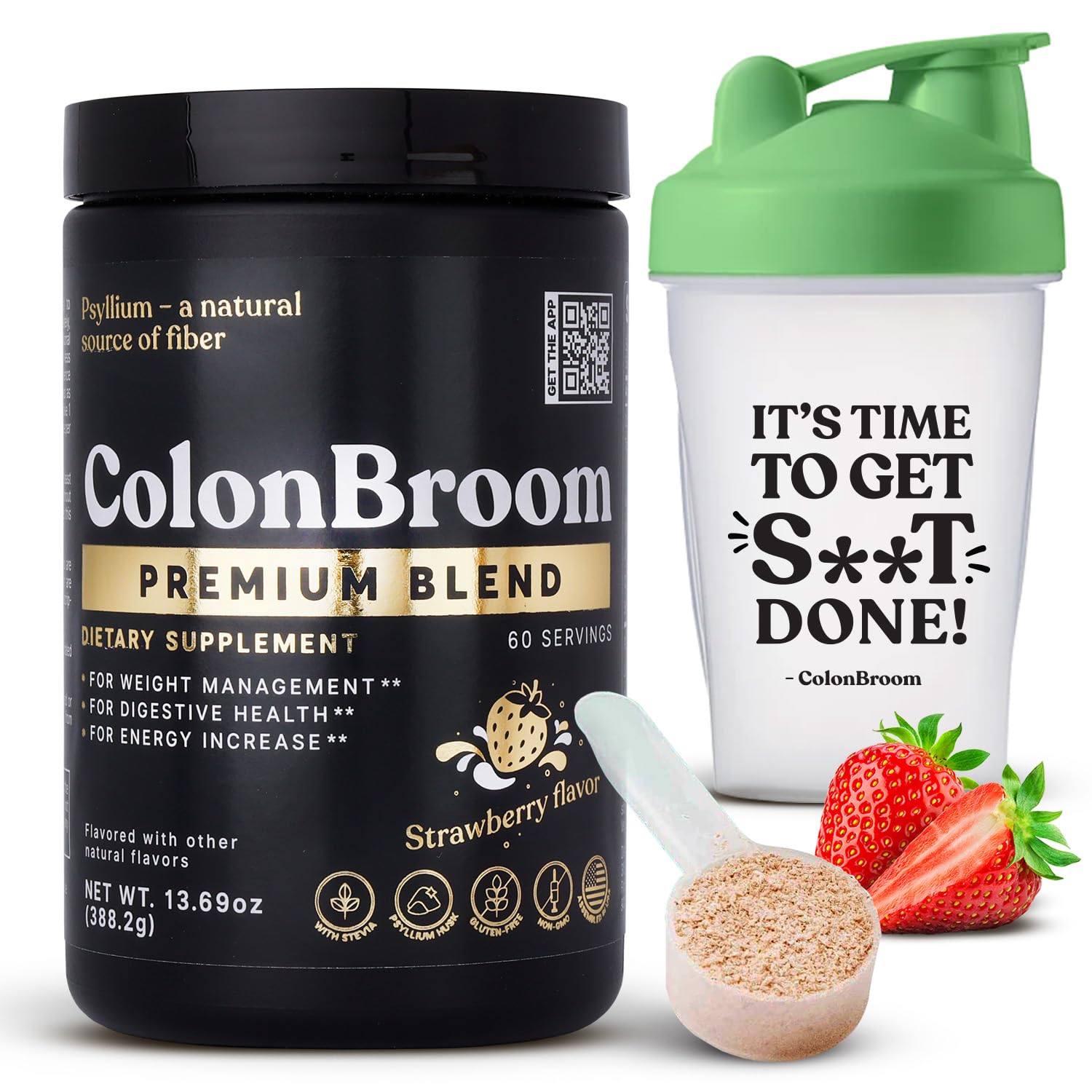 ColonBroom Premium Psyllium Husk Powder (Strawberry, 60 Servings) + Shaker Bottle for Colon Broom Fiber Powder Drink Bundle - Colon Cleanse for Bloating Relief & Gut Health - Fiber Powder Supplement ColonBroomBuy Supplements Australia