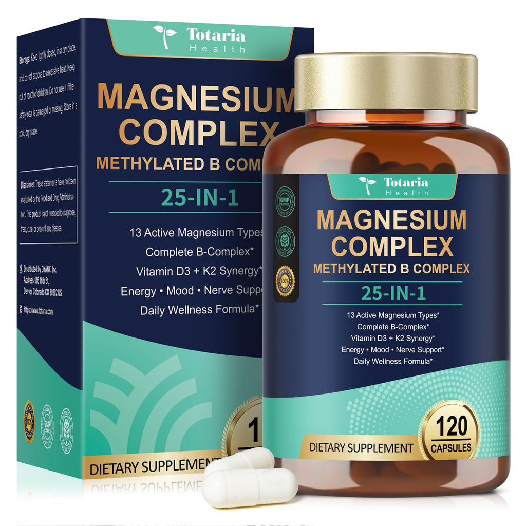 25-in-1 Magnesium Complex with Methylated B Complex Magnesium Glycinate Citrate Malate Taurate Gluconate Aspartate Carbonate D3 K2, Magnesium Supplement