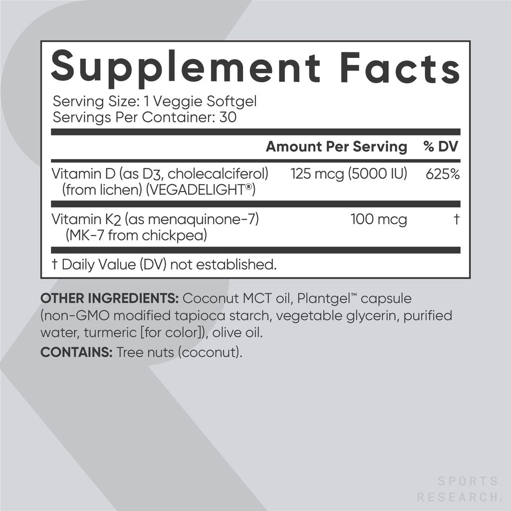 Sports Research Vegan Vitamin D3 + K2 Supplement with Organic Coconut Oil - 5000iu Sports ResearchBuy Supplements Australia