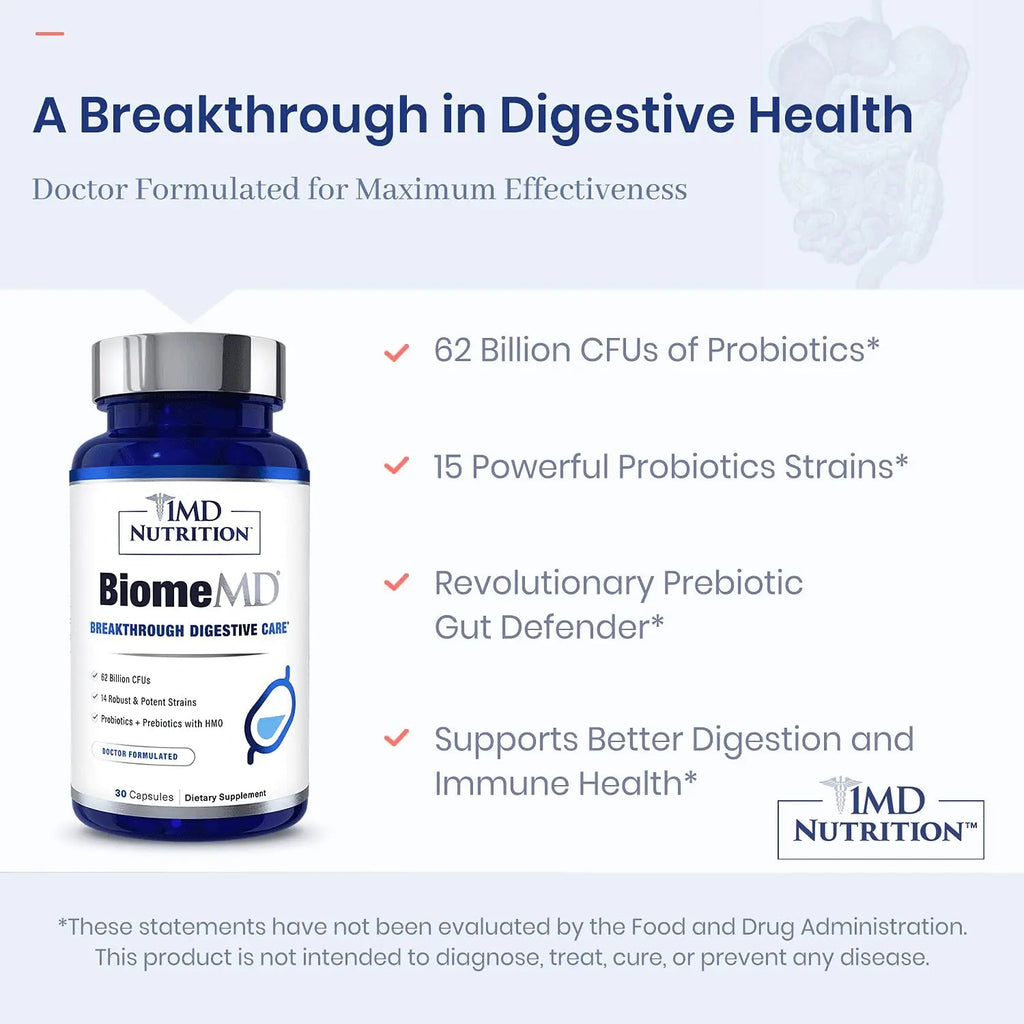 1MD Nutrition BiomeMD Probiotics | 62 Billion CFUs, 15 Comprehensive Strains - Pro & Prebiotics | Doctor-Formulated for Digestive Health & Immune Support | 30 Capsules 1MD NutritionBuy Supplements Australia