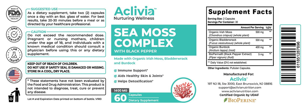 Aclivia - Organic Irish Sea Moss Capsules with Bladderwrack & Burdock Root - 102 Minerals Sea Moss Supplement - Thyroid Support, Immune Boost - Non-GMO (60 Count) AcliviaBuy Supplements Australia
