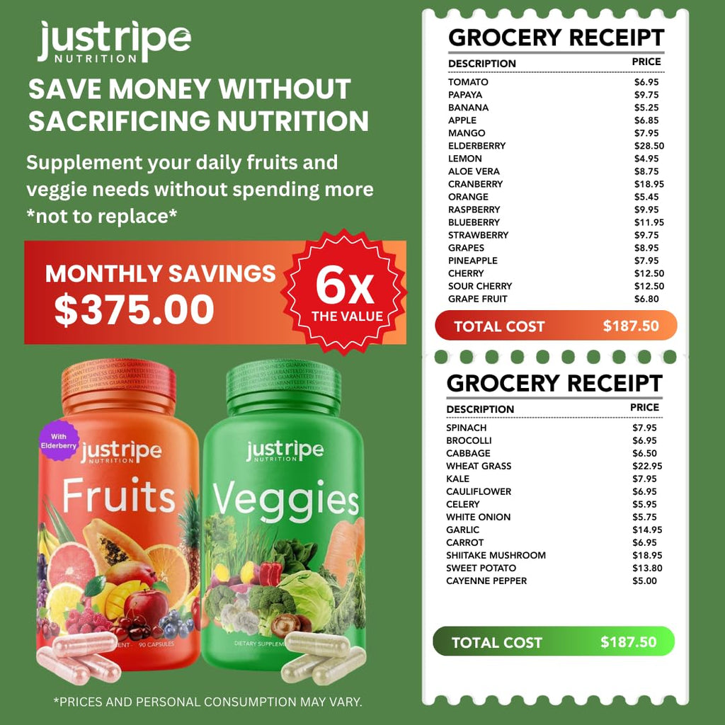 Fruits and Veggies Supplement - 90 Fruit and 90 Vegetable Capsules - 100% Whole Natural Superfood - Filled with Super Greens Vitamins and Minerals - Supports Balance Energy Levels (1 Pack) Just Ripe Nutrition buy supplements Au