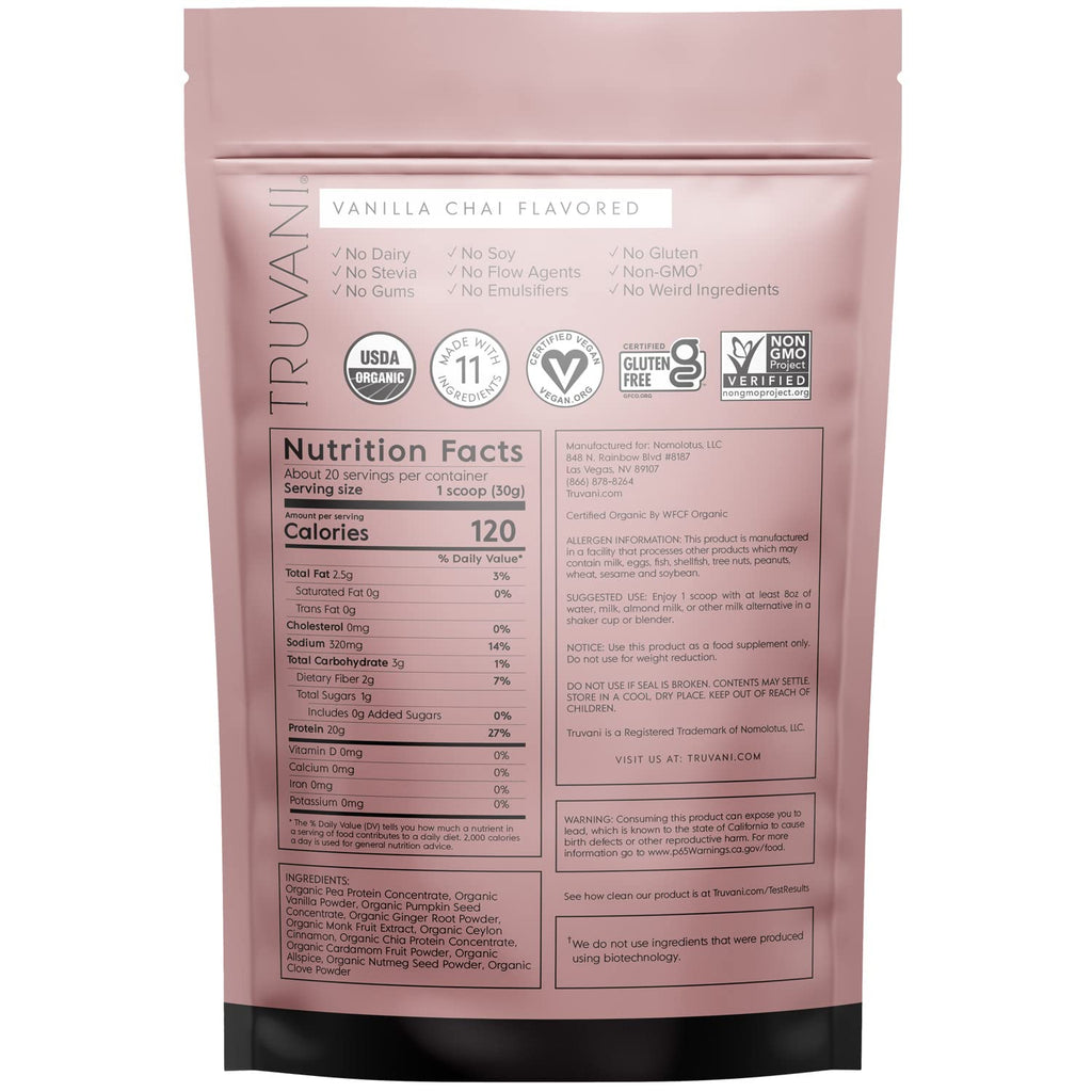 Truvani Organic Vegan Protein Powder Vanilla Chai - 20g of Plant Based Protein, Organic TruvaniBuy Supplements Australia