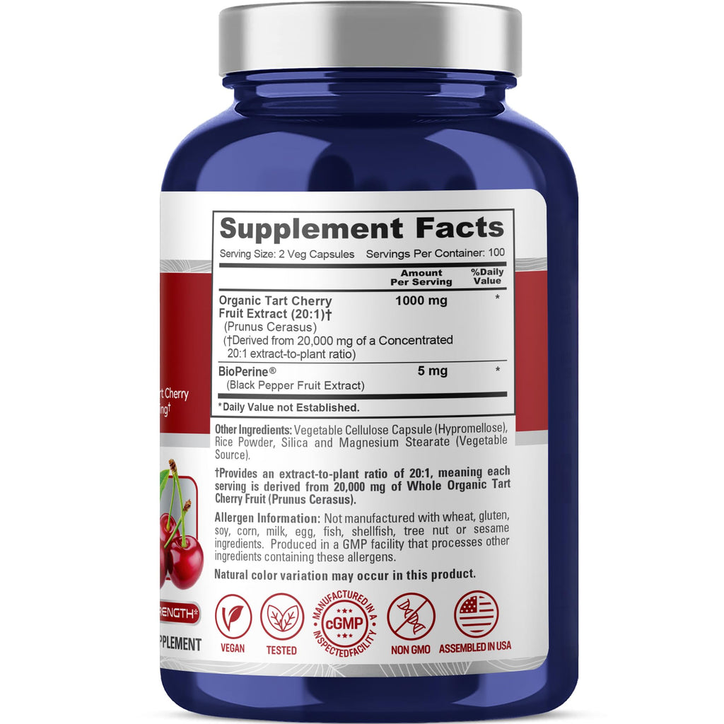 NusaPure Organic Tart Cherry 20:1 Extract, 1000 mg Equivalent to 20,000 mg 200 Veggie Caps (Vegan, Non-GMO) Bioperine NusaPureBuy Supplements Australia