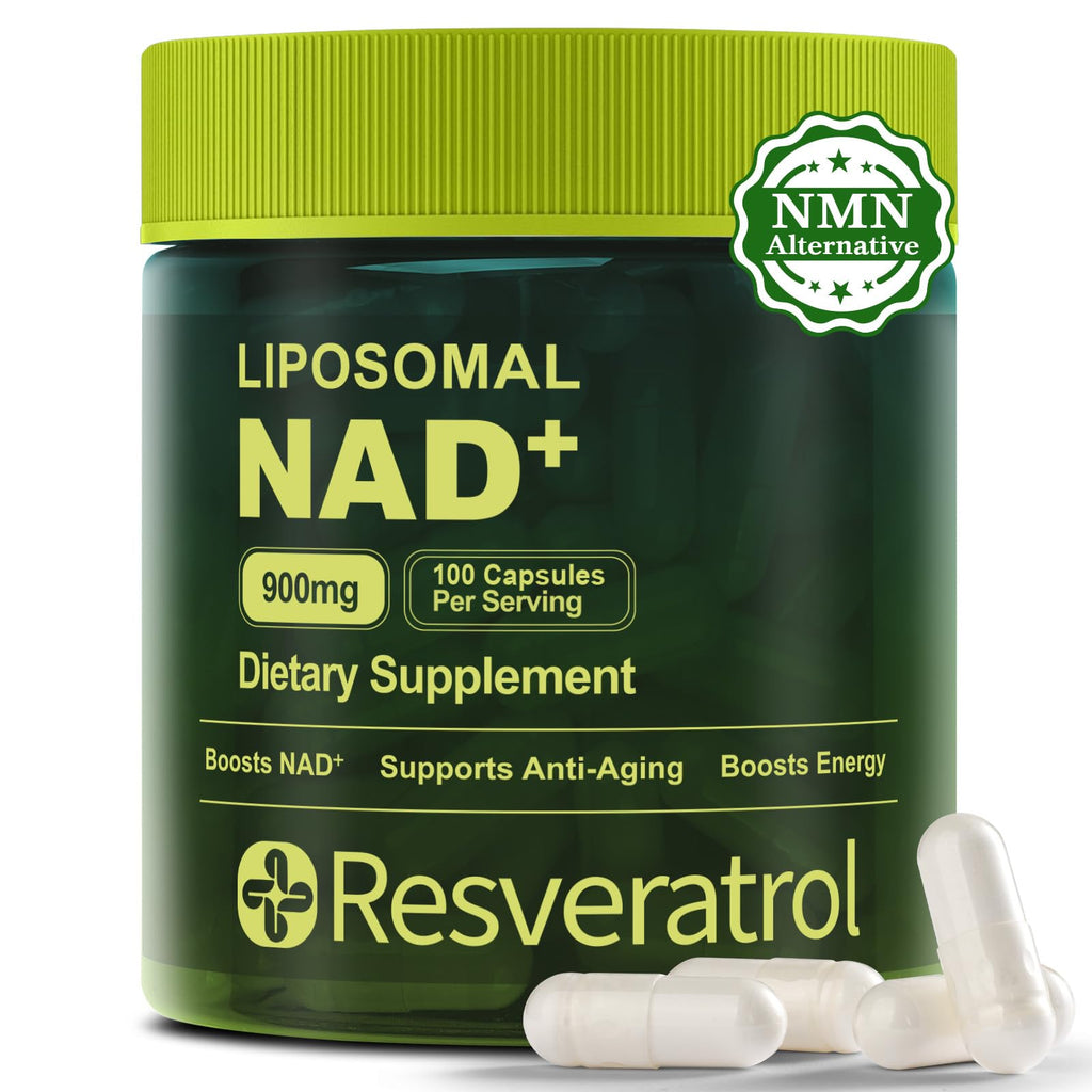 Green supplement container labeled 'LIPOSOMAL NAD+' with white capsules on a white background