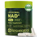Green supplement container labeled 'LIPOSOMAL NAD+' with white capsules on a white background